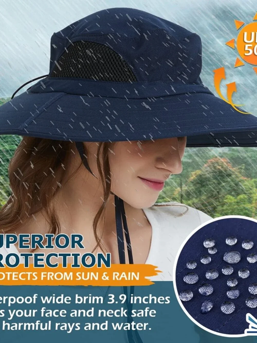 Navy Blue Summer Sun Hat Wide Brim Waterproof Hiking Fishing Boonie Hat